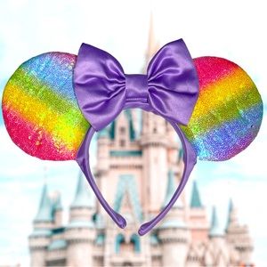 Disney Minnie Mouse Ears Bow Headband With Sequins Lavender Rainbow